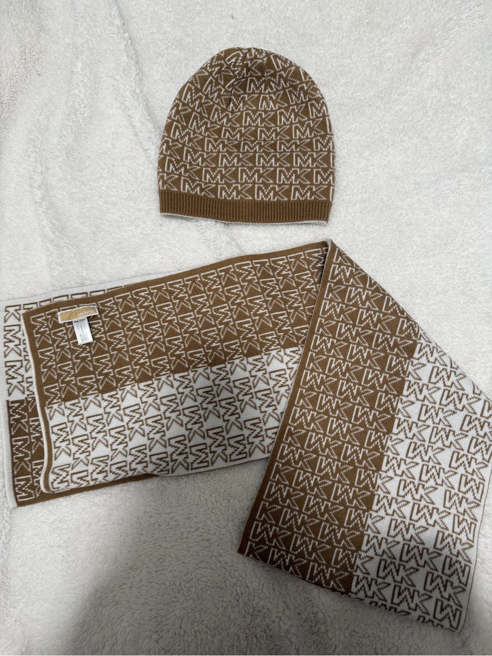 Michael Kors Tan and White MK Logo Knit Beanie & Scarf Set